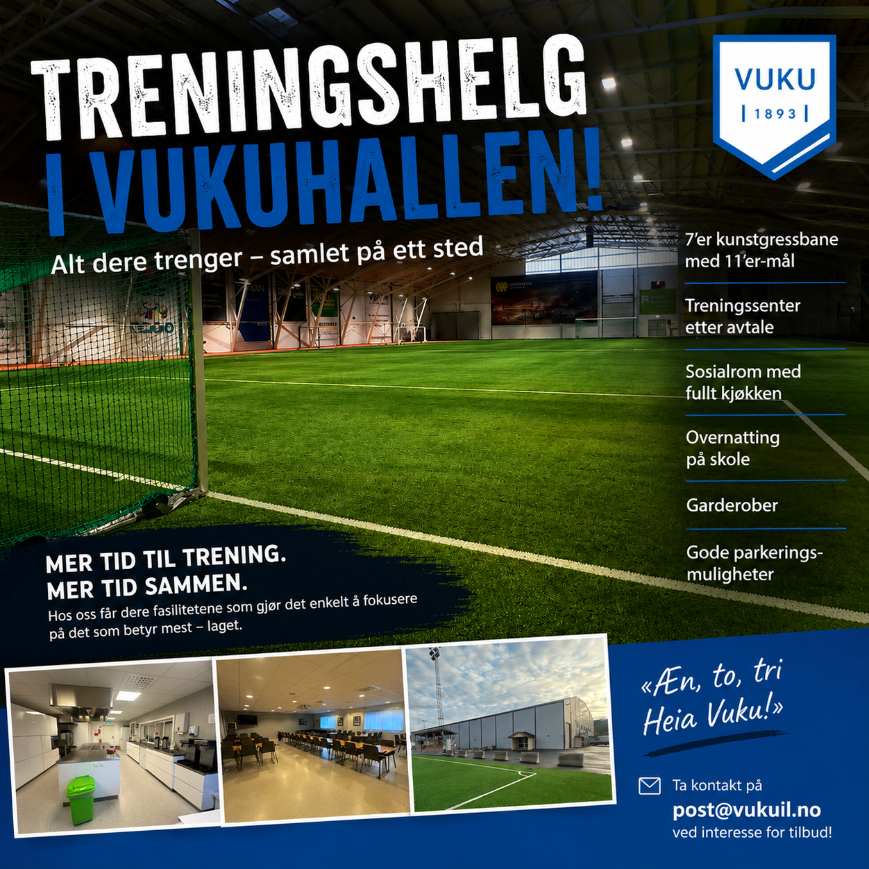 Treningshelg i Vukuhallen – plakat med fasiliteter og kontaktinfo
